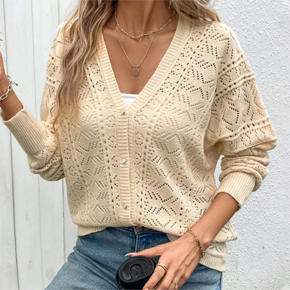

Women Knit Sweater 2025 New Fresh And Versatile Casual Retro V-neck Hollow Hook Flower Solid Color Autumn Sweater Cardigan