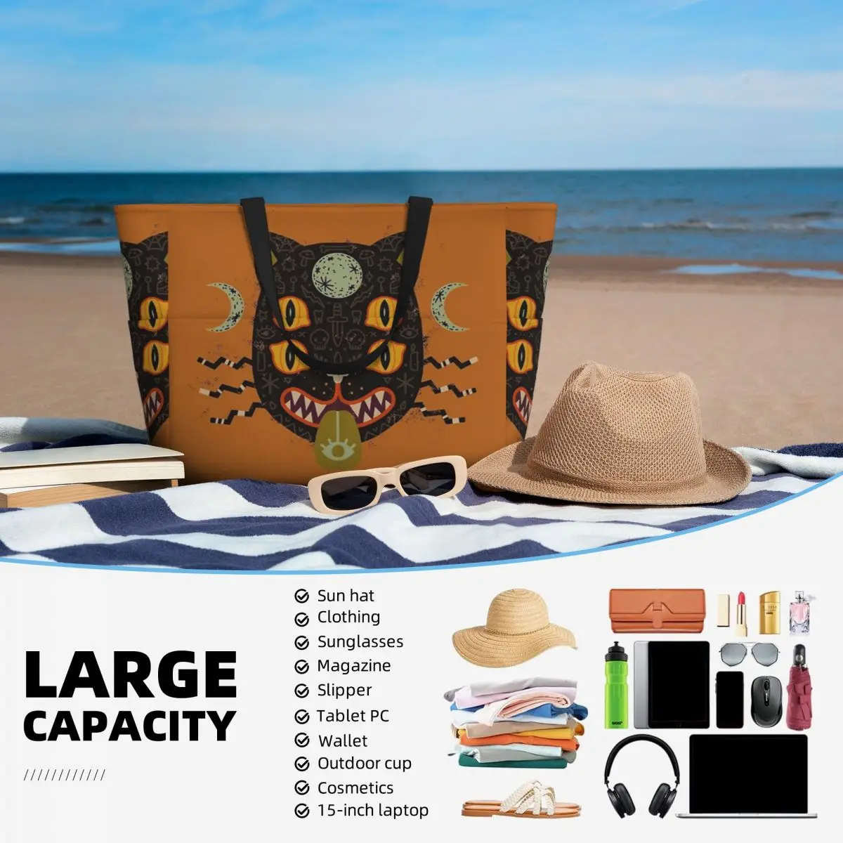 Spooky Cat Beach Travel Bag, Tote Bag Personality Practical Gifts Birthday Gift Multi-Style Pattern