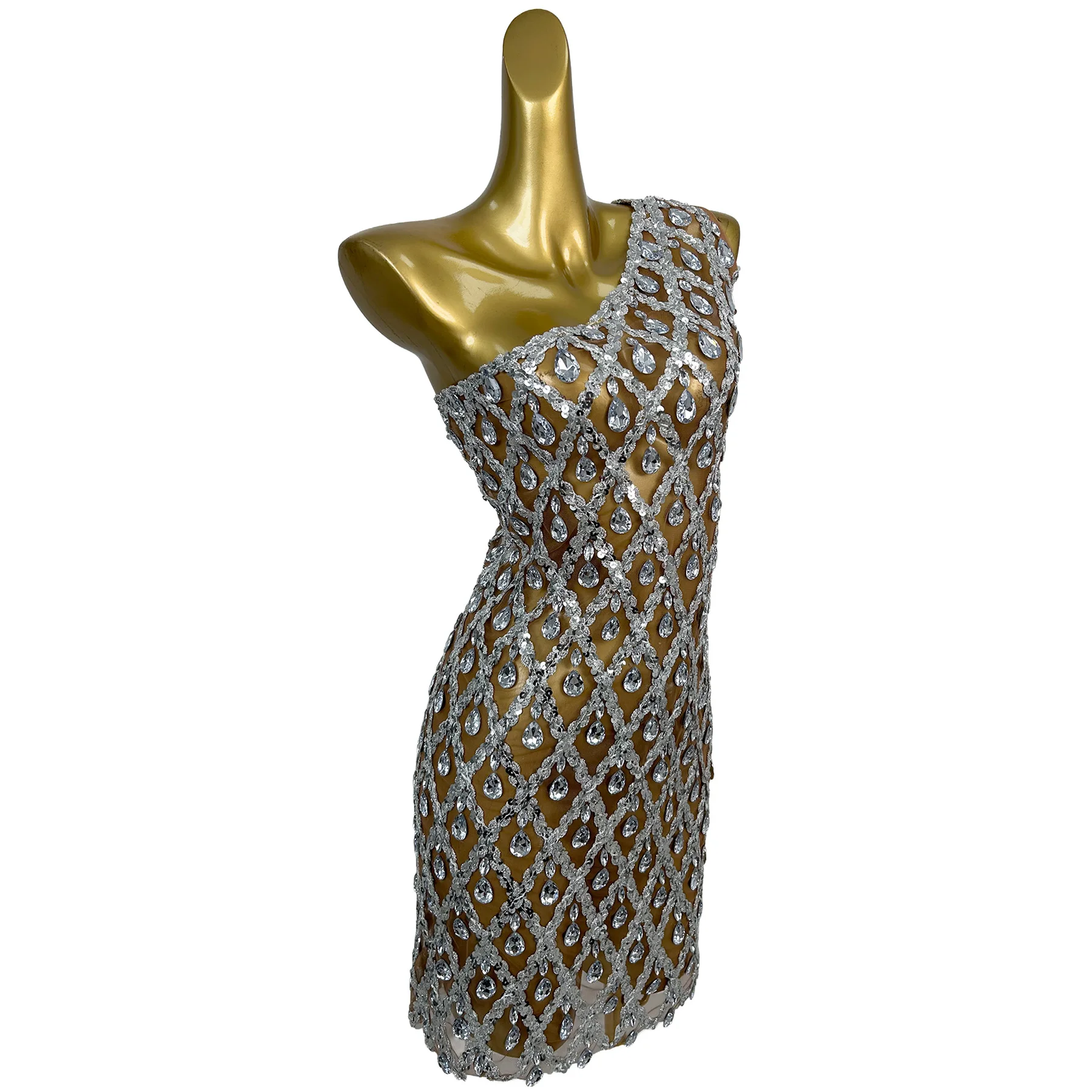Danjianshaokaojia Shiny Diamond Net Rhinestone Mini Dress One Shoulder Nude Mesh Bodycon For Prom Homecoming Party Event