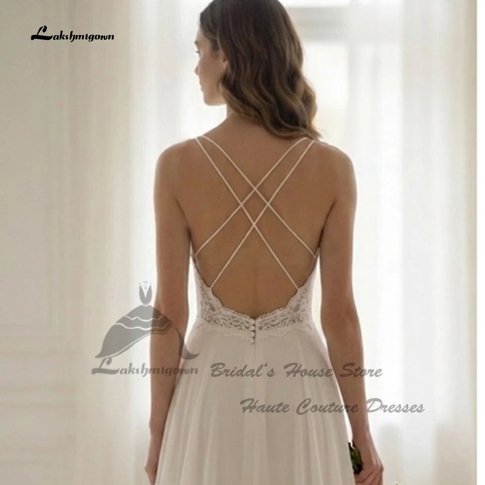 Lakshmigown Sexy Chiffon Langes Strand-Hochzeitskleid 2026 Maßgeschneiderte A-Linie Spitzen-Brautkleider V-Ausschnitt Spaghettiträger – Detail 4