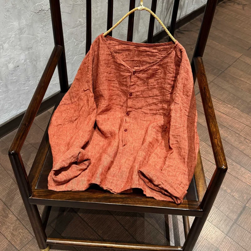 

Women Yarn-dyed Linen Zen Casual Shirt New 2026 Mori Spring Chinese Style Button Up Tops Single Button Loose Female Shirts Coat