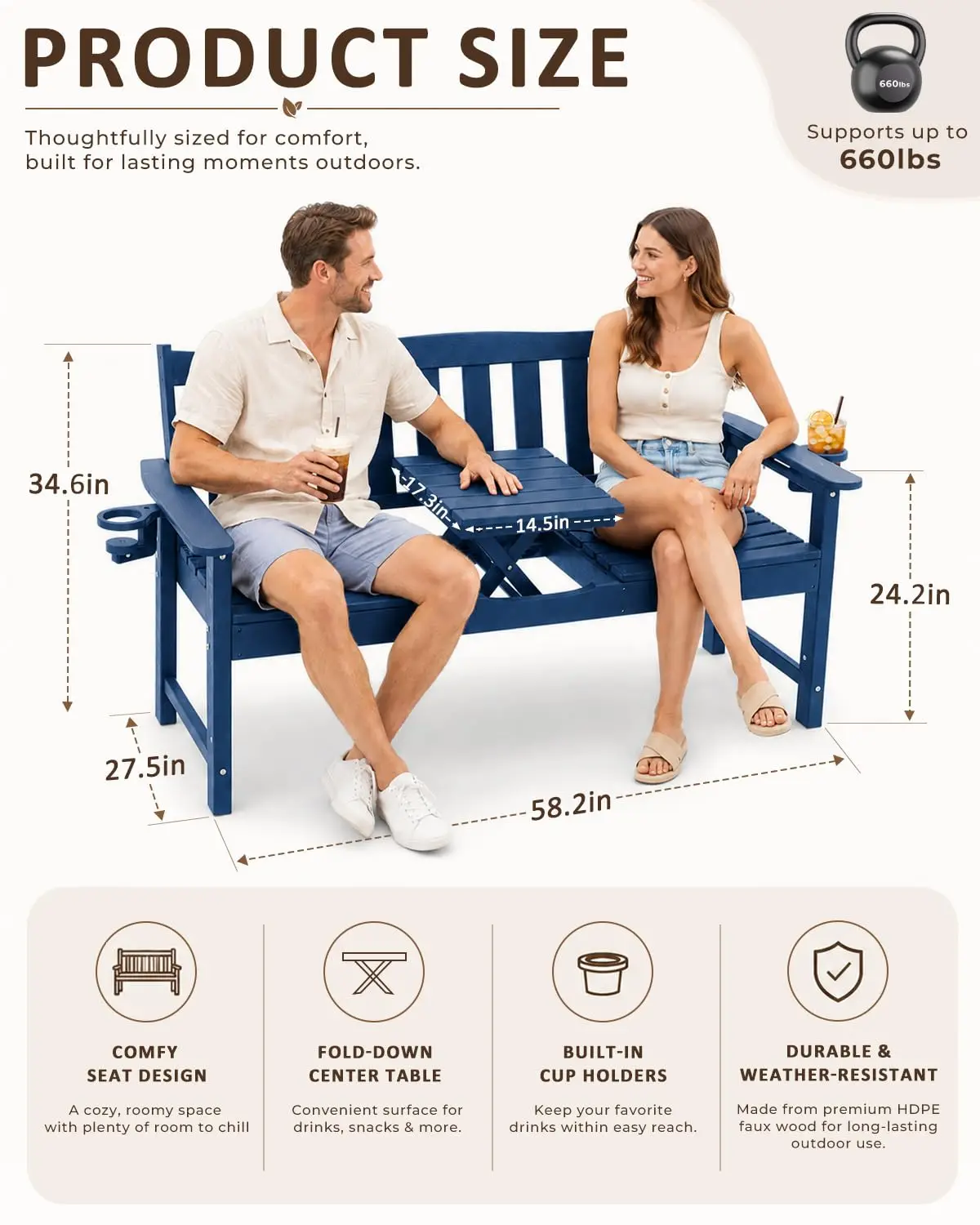 HDPE Material, Outdoor Use,Adjustable Lifting Middle Table,Built In Cup Holders,Low Maintenance,Supports 1-3 people