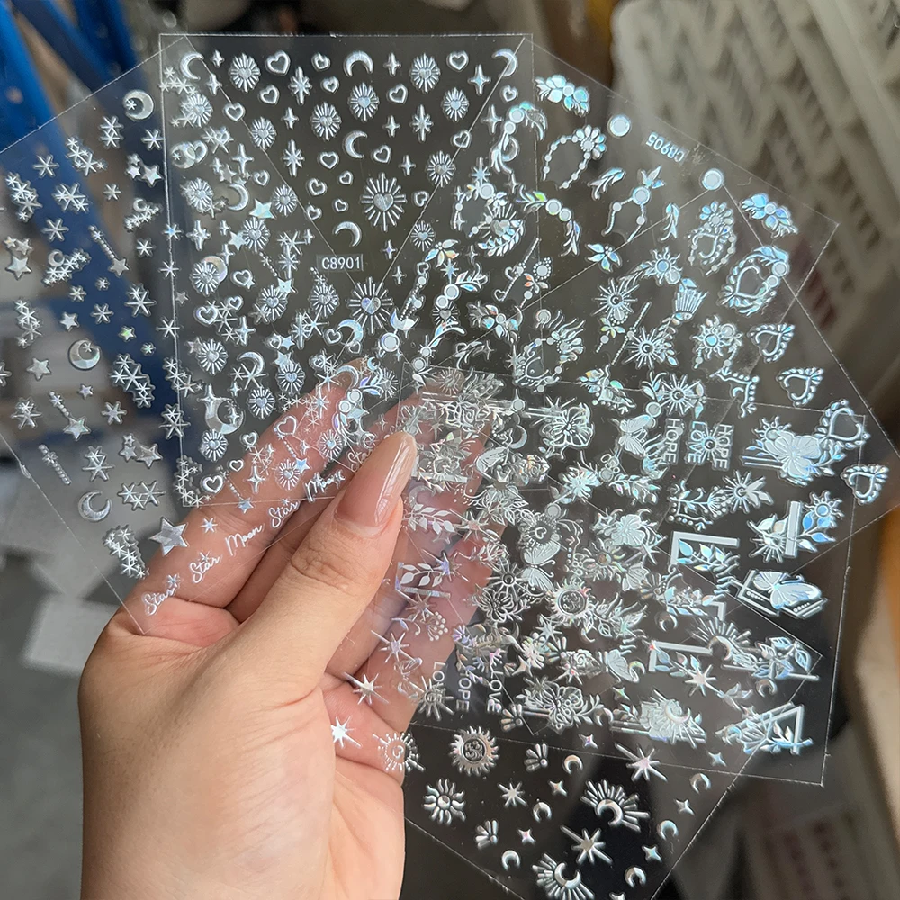 6 unids/set 3D oro plata Cruz estrella Luna pegatina de uñas corazón brillante mariposa flor bohemio pegatina de uñas autoadhesiva manicura Dec