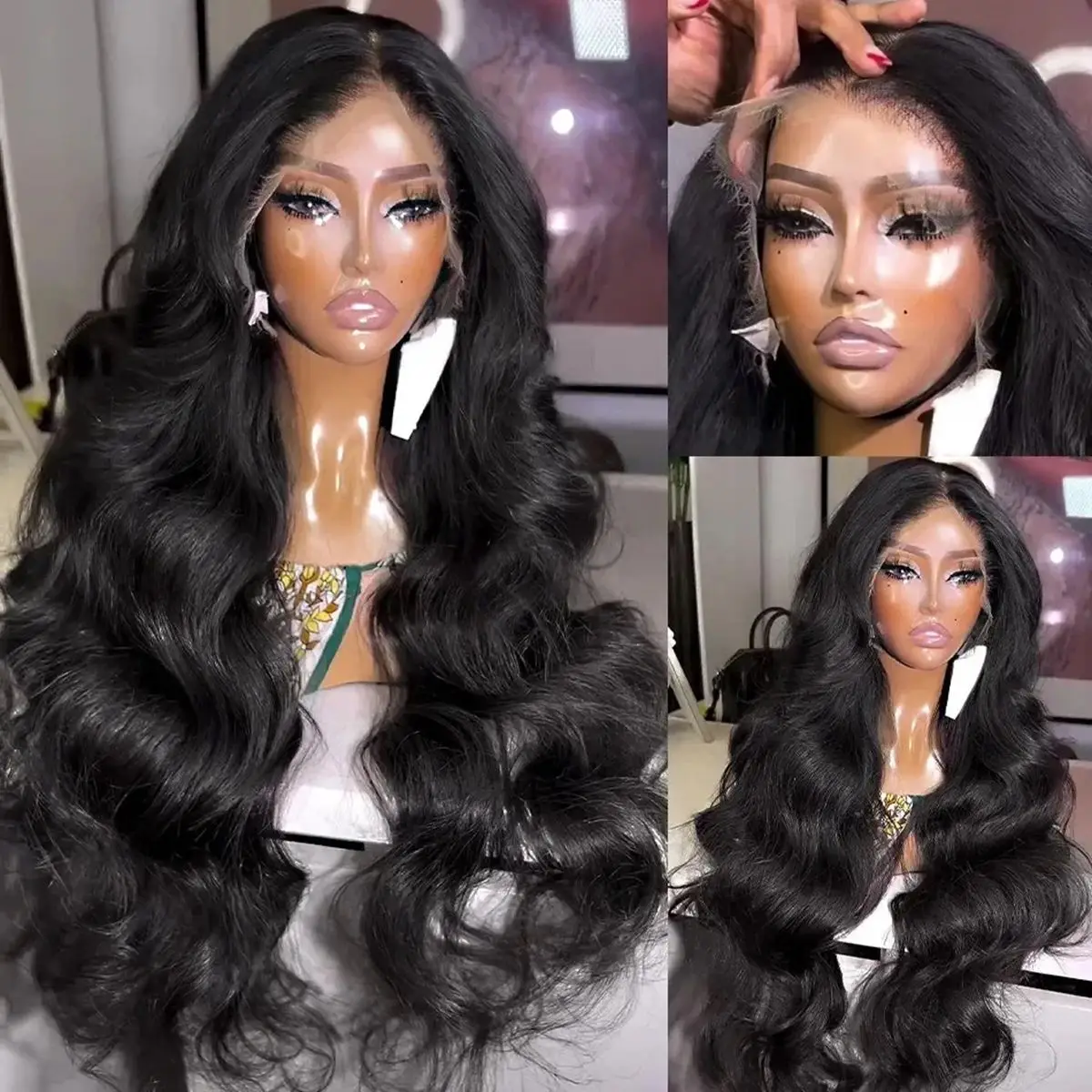 250 Density 30 40 Inch Loose Wave Black Color Synthetic Soft 13x6 13X4 HD Body Wave Lace Frontal Wig For Black Women Prepucked Bleach Knots Glueless Wig Daily Party view 5