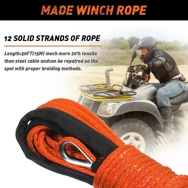 2Piece Synthetic Winch Rope 1/4 Inch X 50 Feet UV Resistant For UTV ATV Winch Truck Supplies Orange