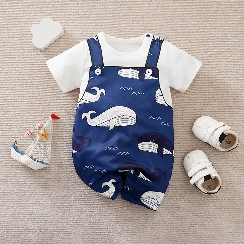 Blue whale print baby romper One-piece round collar Summer short sleeve For Toddler Outfits Newborn Baby boys Jumpsuit