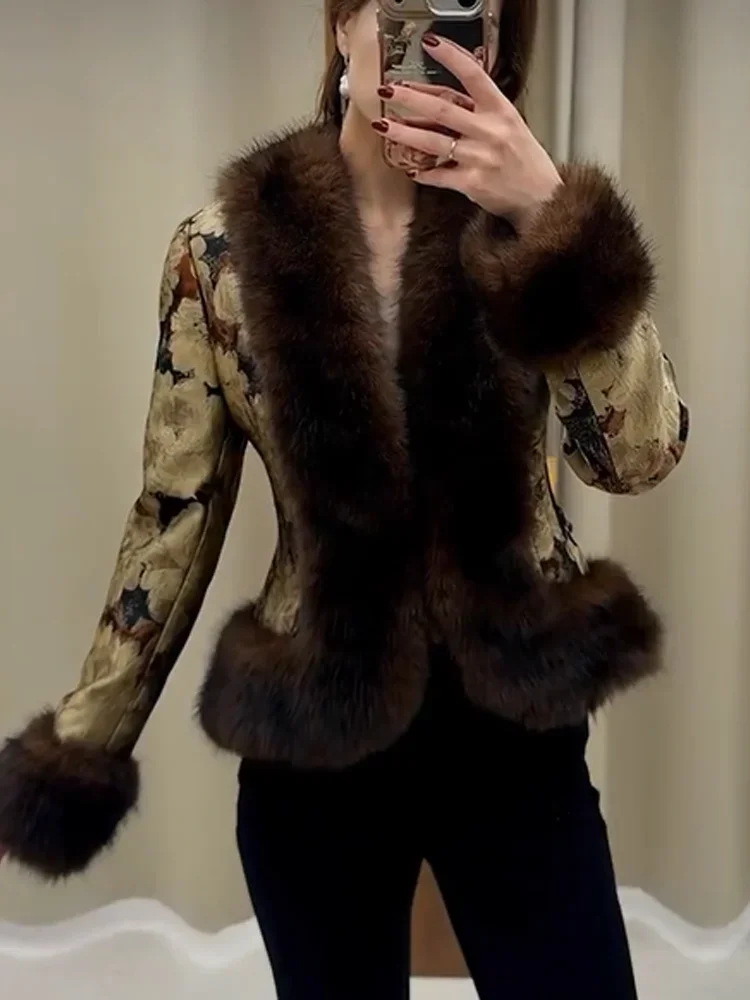 Women Floral Jacquard Faux Fur Trim Jacket V Neck Single Button Long Furry Cuff Cropped Coats Vintage Winter Warm Party Coat