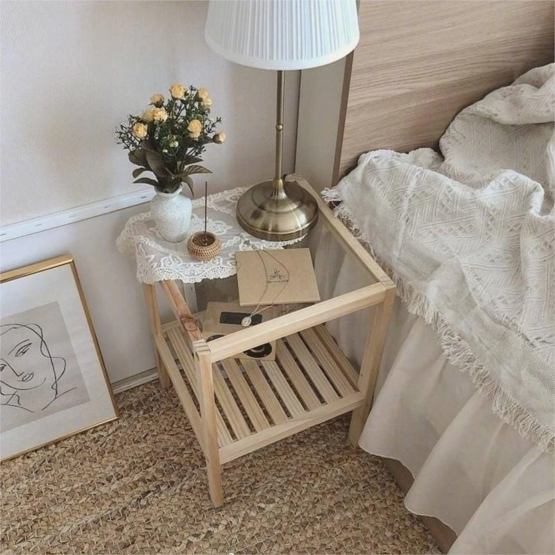 Wuli Ins Bedside Table Small Apartment Solid Wood Bedroom Transformation Tempered Glass Rack Homestay Wind Bedside Few  New 2024