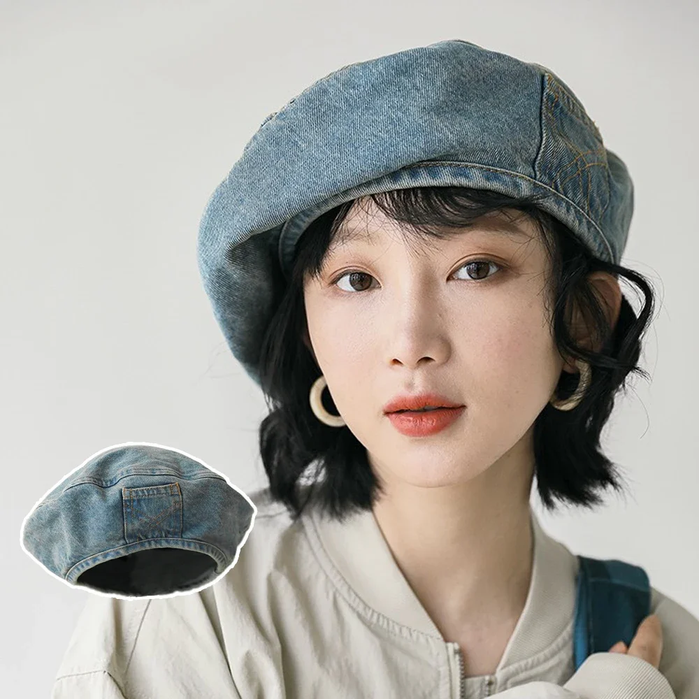 Vintage Smooth Denim Beret Old Wash Small Spring/Summer Casual Painter Hat Face Covering Simple Stylish Headwear