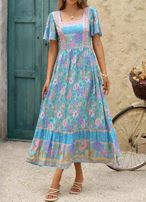 Gonna a trapezio con stampa floreale casual per le vacanze per le donne estive, elegante abito a trapezio con maniche svasate a vita alta e vestibilità slim con collo quadrato