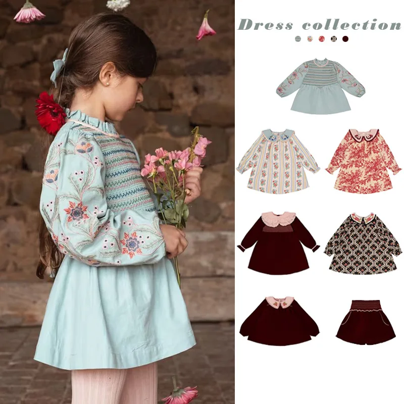 

Children's Dress 2025 Autumn/Winter BA Girls' Retro Style Embroidered Lapel Velvet Princess Dress