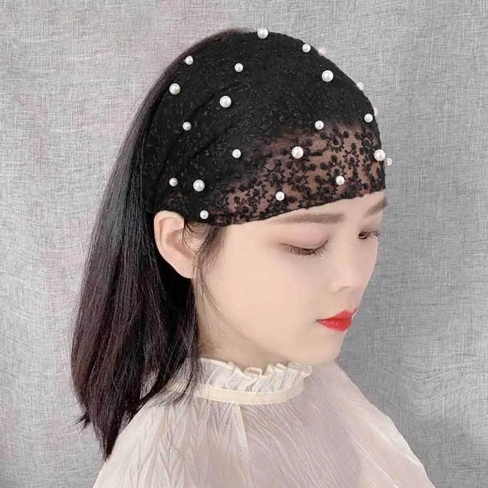 Fascia a tesa larga da donna di moda con decorazione di perle fascia per capelli con turbante accessori per capelli pizzo da allenamento traspirante