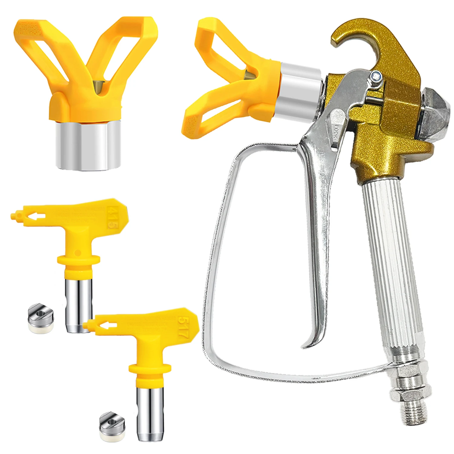 

Airless Paint Spray Gun Kit with 415/517 Tips & Nozzle Guards, High Pressure Sprayer Gun for Painting