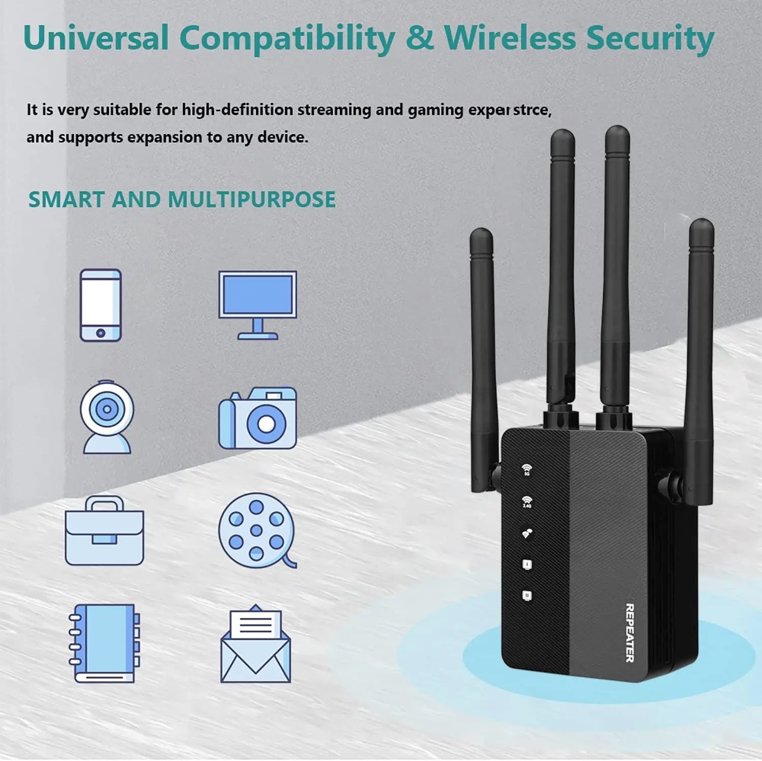 Black AC1200 WiFi Repeater 1200Mbps Router Black WiFi Extender Amplifier 2.4G/5GHz Wi-Fi Signal Booster Long Range Network