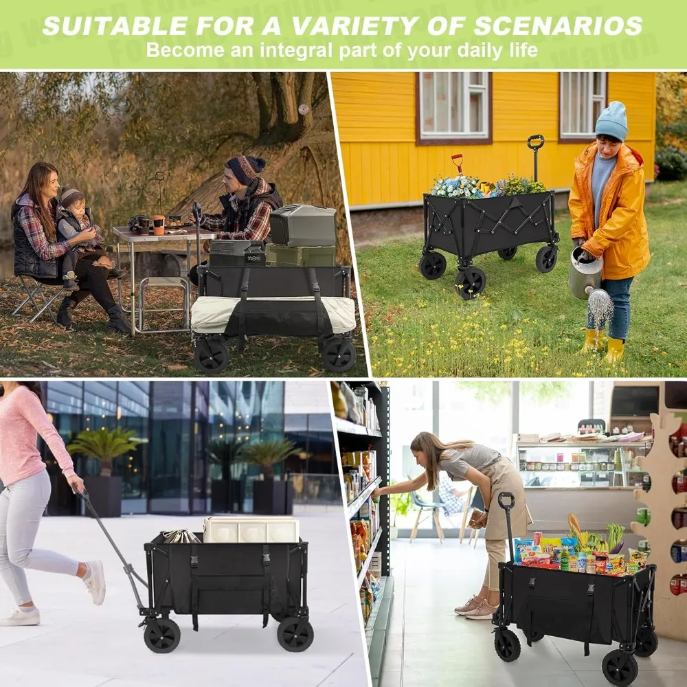 Carro plegable con capacidad de 300 libras, bolsillo lateral y frenos para compras en el jardín y la playa