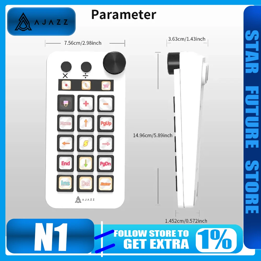 

AJAZZ N1 Programmable Macro Mini Keyboard 15-Key Desktop Console Helper Customized Buttons Stream Index Live Broadcast Button