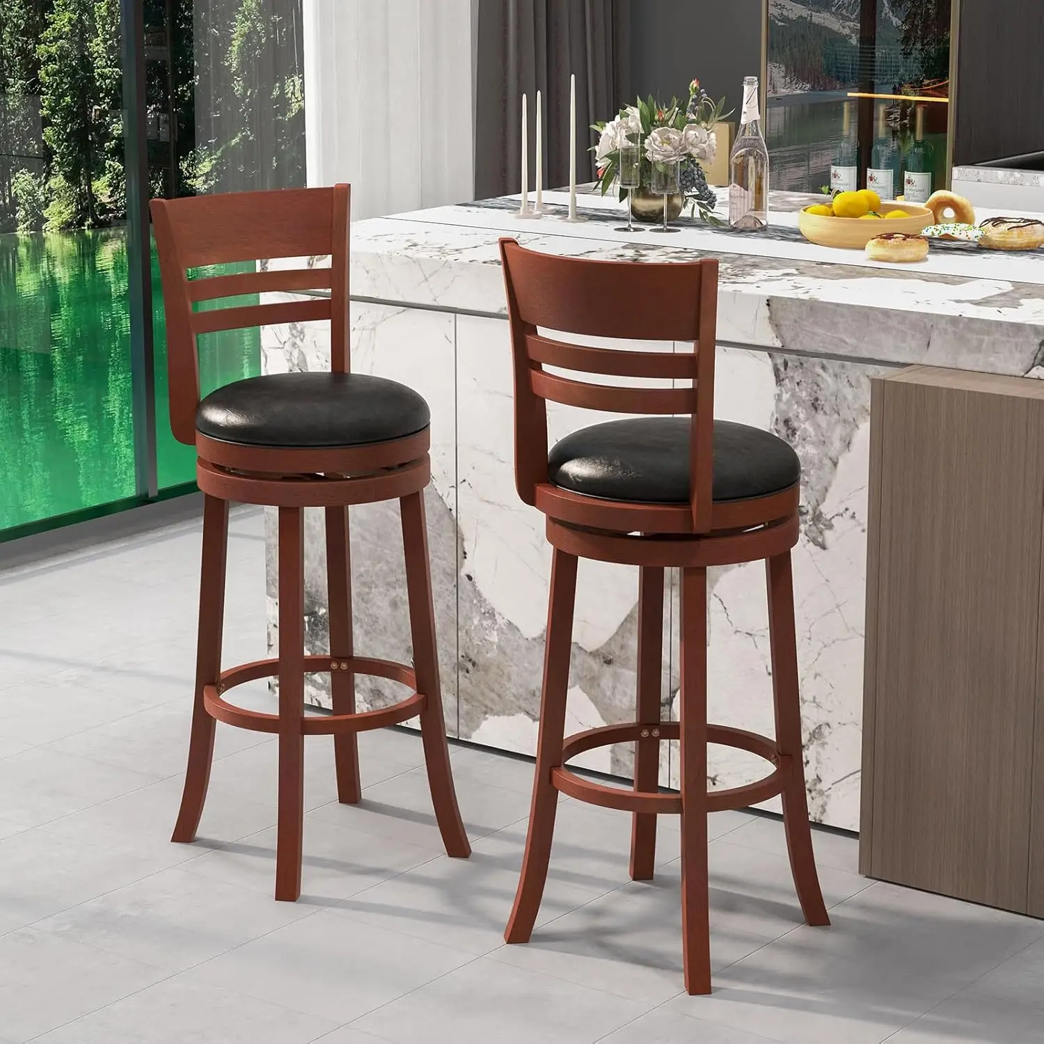 Costway Bar Stools, 360-Degree Swivel Bar Chairs With Pu Upholstered Seats, Solid Rubber Wood Backrests, Footrests & Legs, Bar