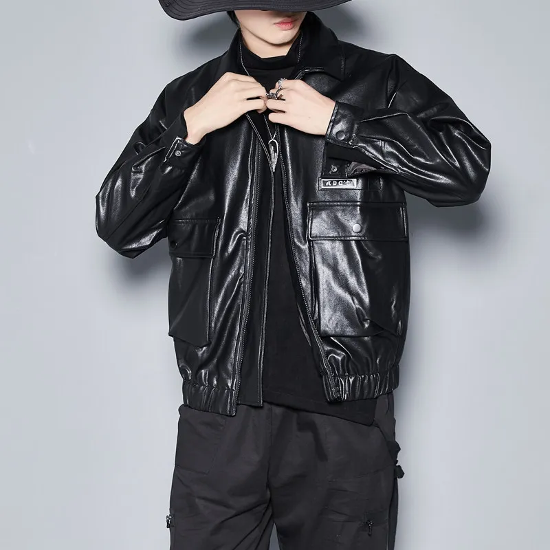 Street Shot British Cut Leather Coat Dark All-Match PU Leather Jacket Black Fashion Baggy Coat Jacket