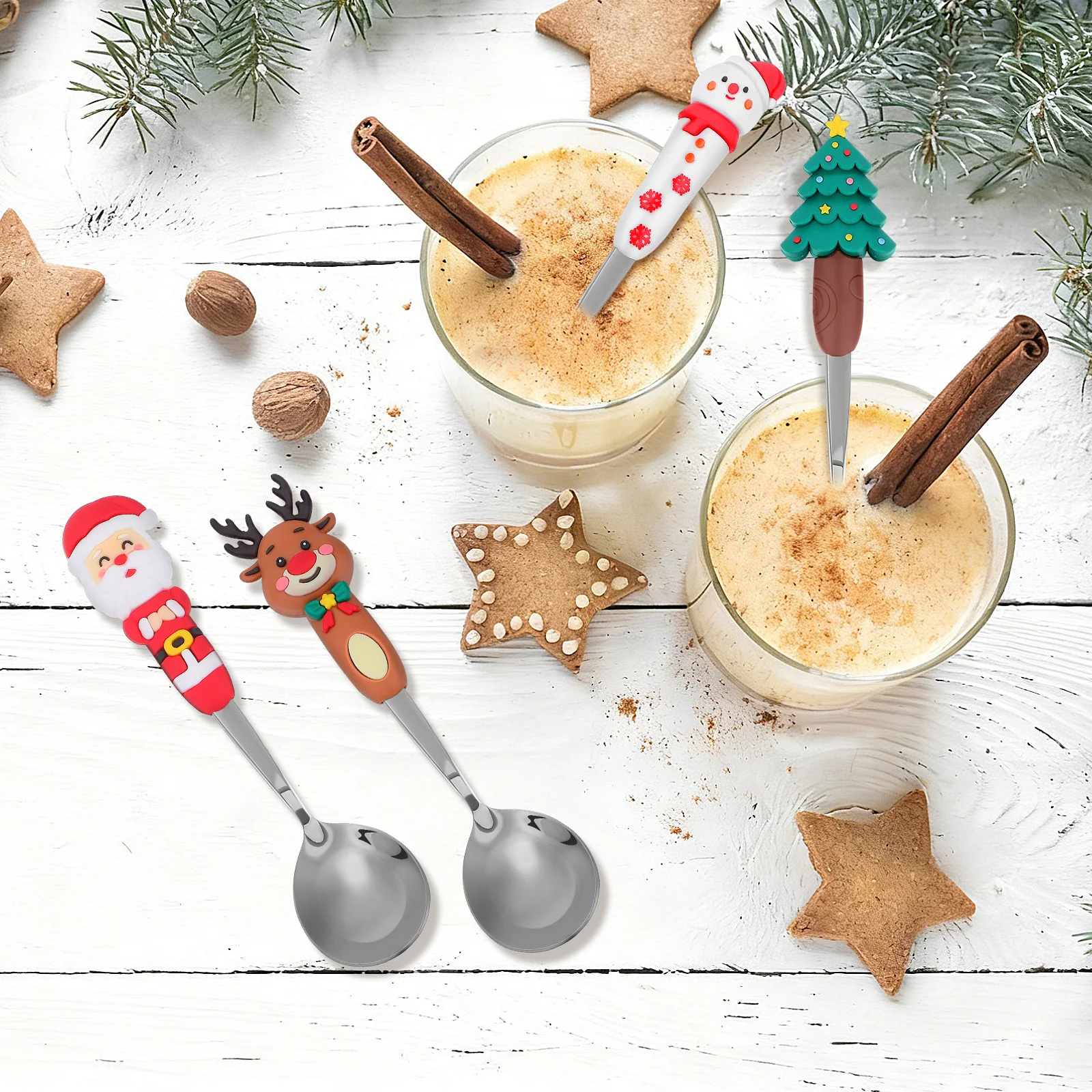 

4Pcs Christmas Themed Dessert Spoons Cute Cartoon Stainless Steel Stirring Spoons for Coffee Tea Hot Drinks Mini Long Handle