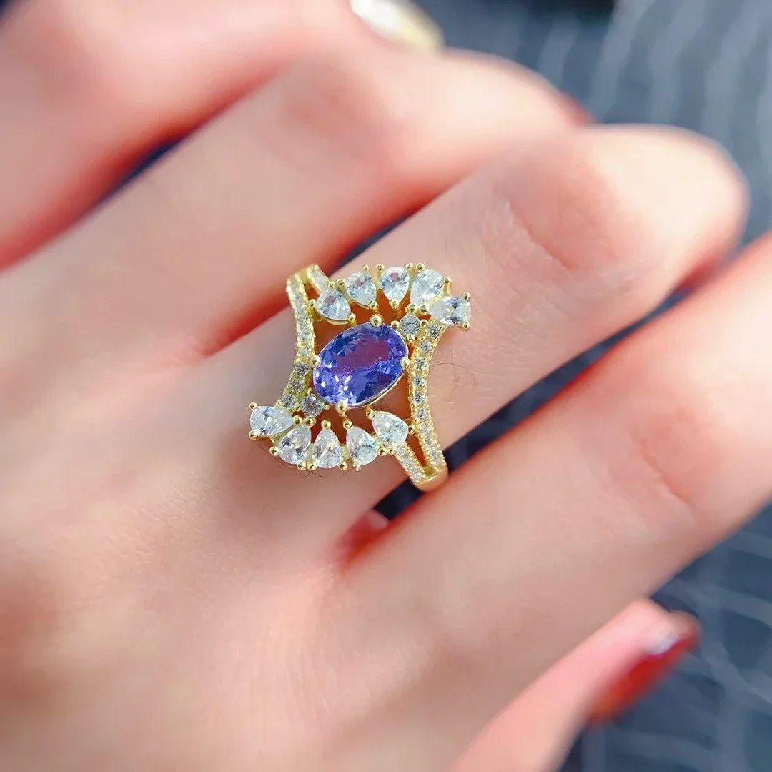 

Latest Design Pure 925 Silver Ring 5mm*7mm Natural Tanznaite Ring 18K Gold Plated Tanzanite Silver Jewelry for Daily Wear