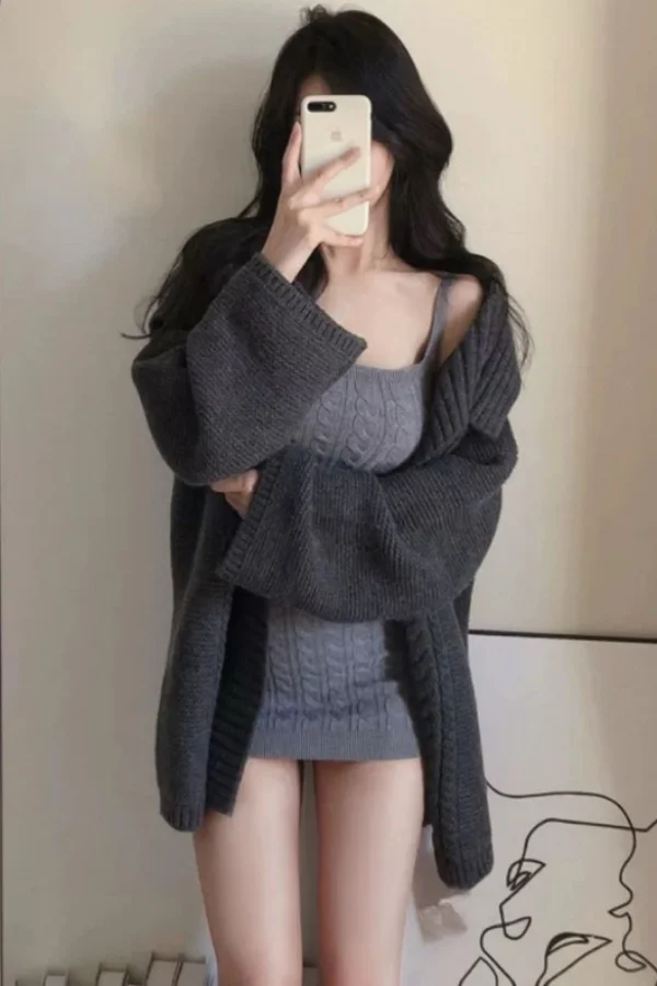 

Autumn Winter Korean Inspired Two Piece Set Knit Cardigan Slinky Dress Matching Outfit Women's Chic Aesthetic Coordinated Sets