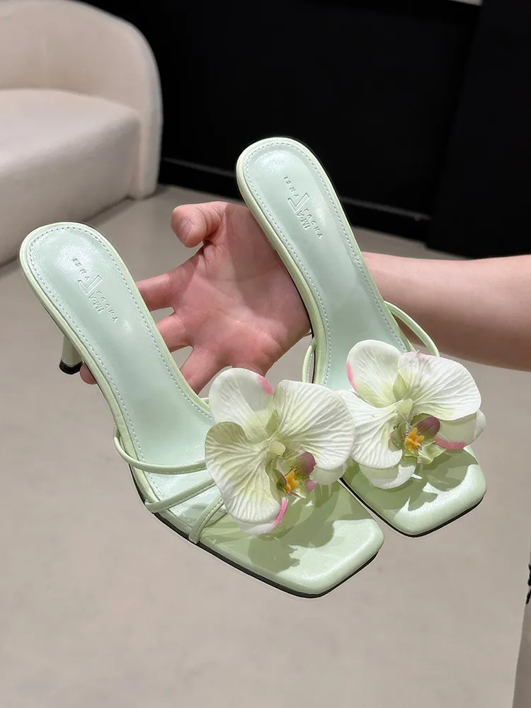 

Flower Open Toe Sandals Outdoor Slip on Female Pumps Fashion Women Shoes Green Slingback Fine Heel Zapatos Mujer