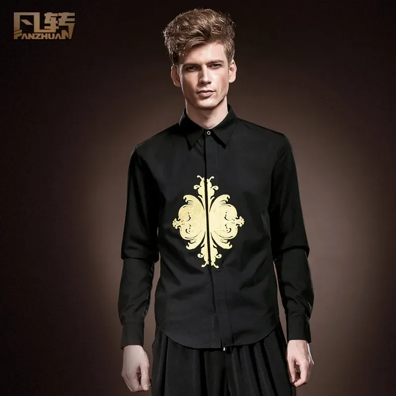 

Fanzhuan Free Shipping New fashion personality male Men's Long Sleeved Mens Black shirt spring 14240 design Gold foil printing