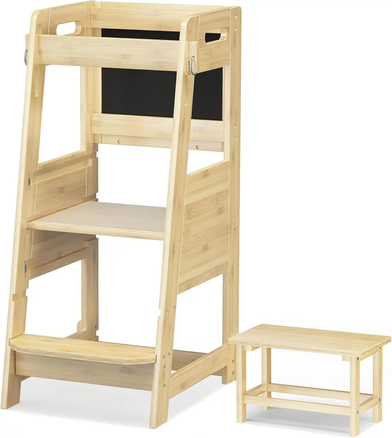 Kitchen Step Stool Kids Learning Helper Standing Tower 3 Height Adjustable Stool with Activity Chalkboard and Whiteboard Message