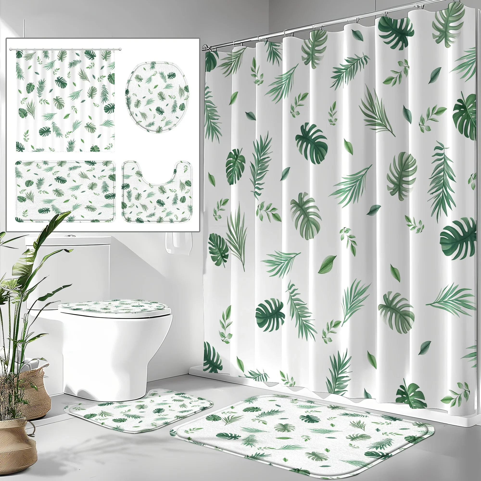

Набор занавесок для душа из 4 предметов с тропическими листьями, яркий дизайн в виде бананового листа, с крючками, нескользящий коврик U-образный коврик Коврик для сиденья унитаза