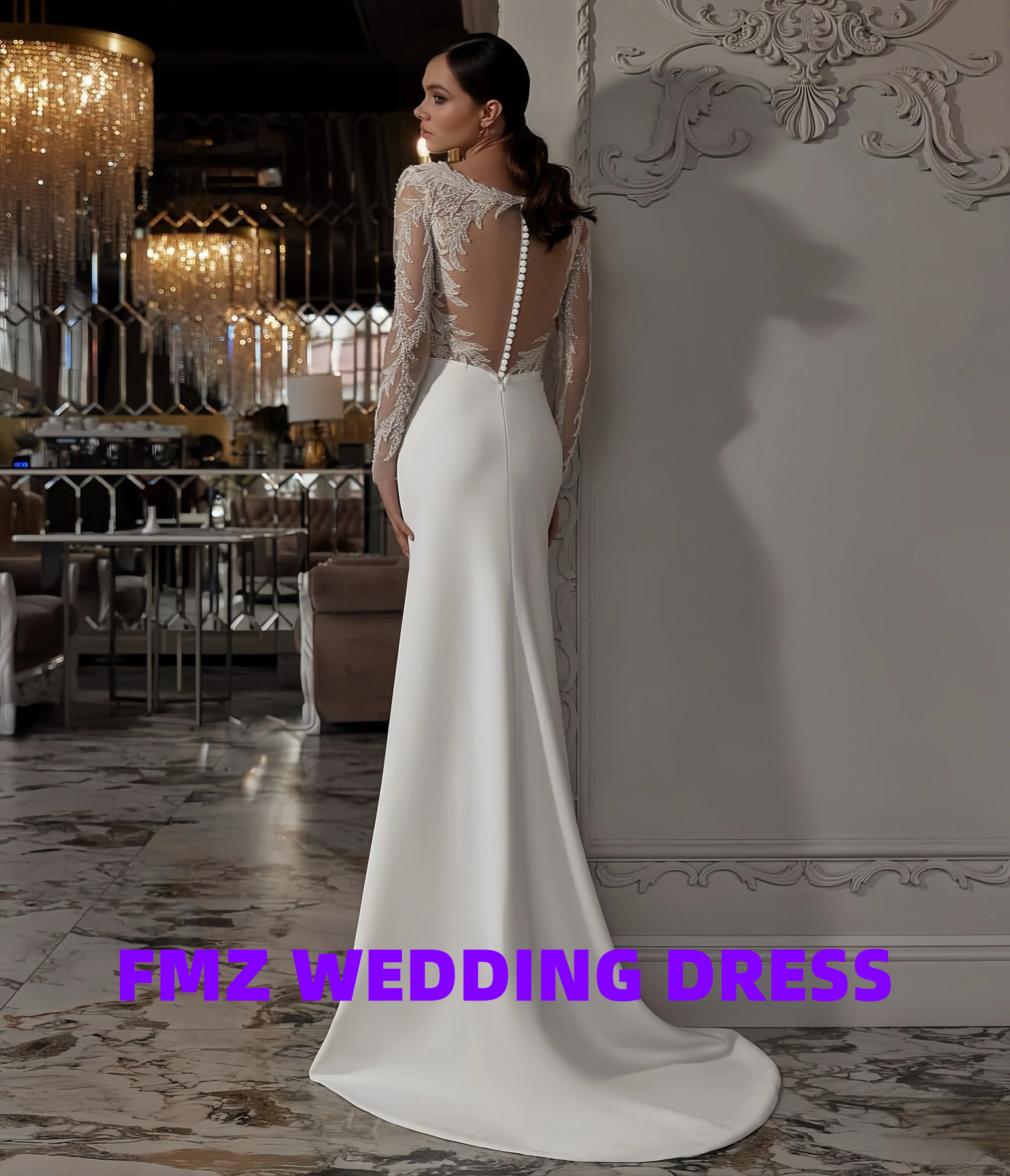 Maßgeschneidertes Ballkleid mit O-Ausschnitt, Satin-Applikationen, Knopf-Ausschnitt, Sweep-Zug, bodenlang, Meerjungfrau, formell für Damen, Vestidos de Novia