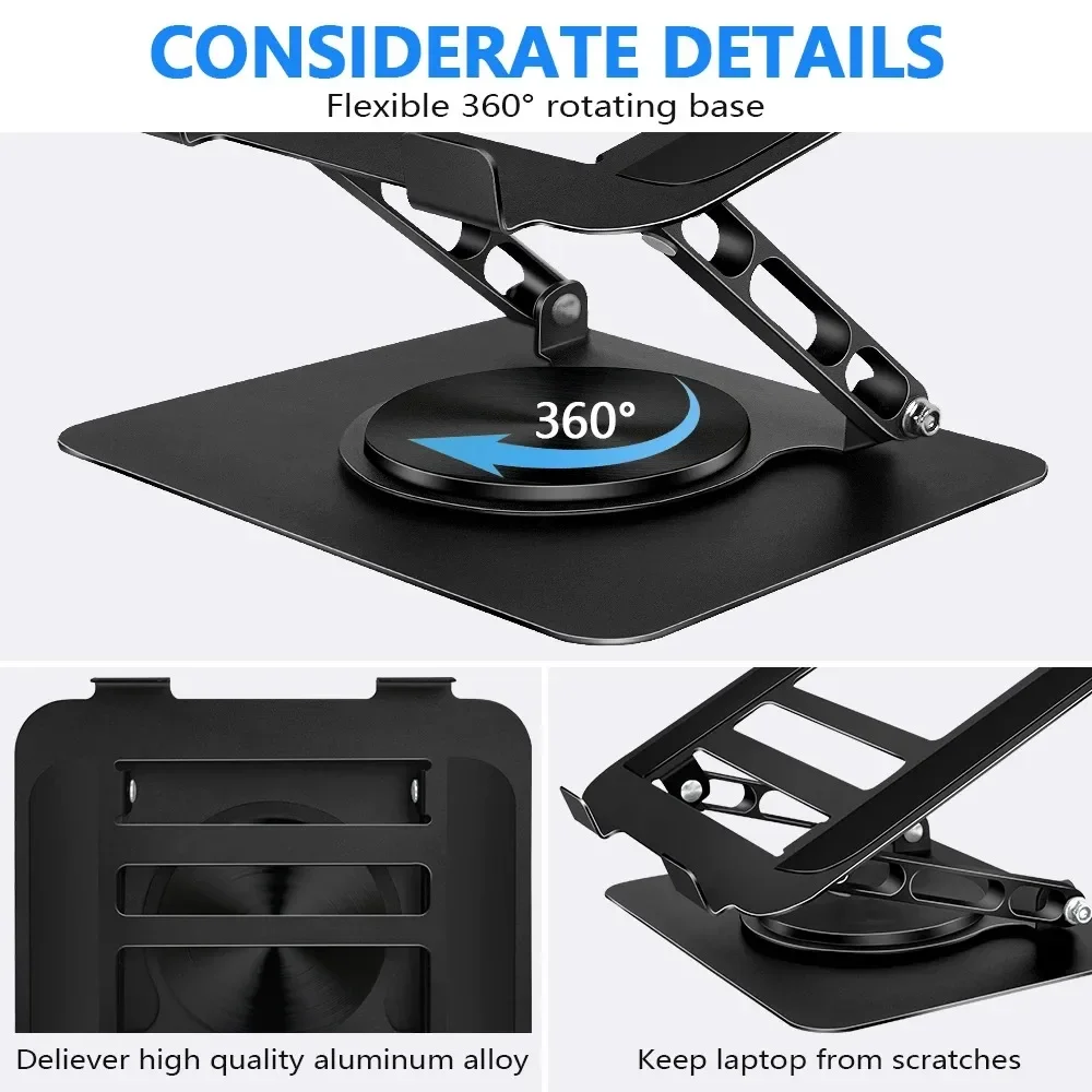 حامل كمبيوتر محمول للمكتب، حامل كمبيوتر قابل للتعديل مع 360 درجة °   قاعدة دوارة، رافعة كمبيوتر محمول مريحة للعمل التعملي، قابلة للطي