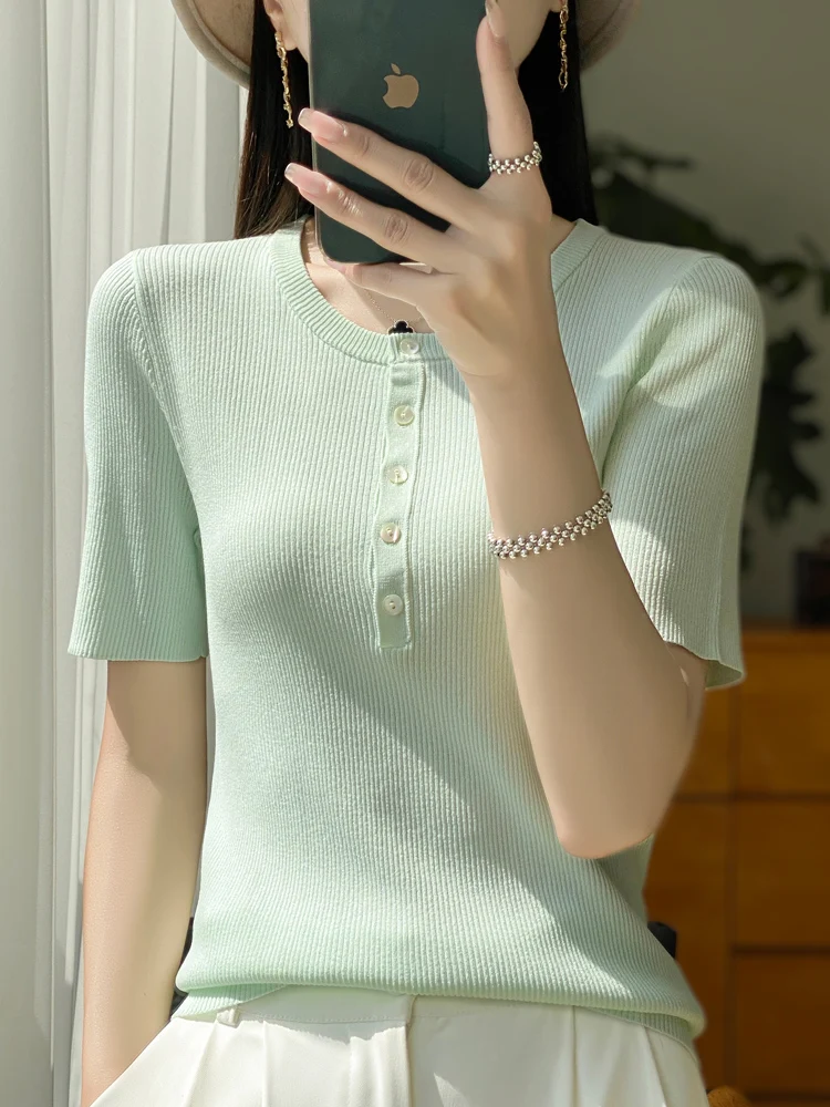 Spring and summer new simple top long-sleeved women's O-neck knitted short-sleeved Qu Zhu Bing Si pullover knitted T-shirt