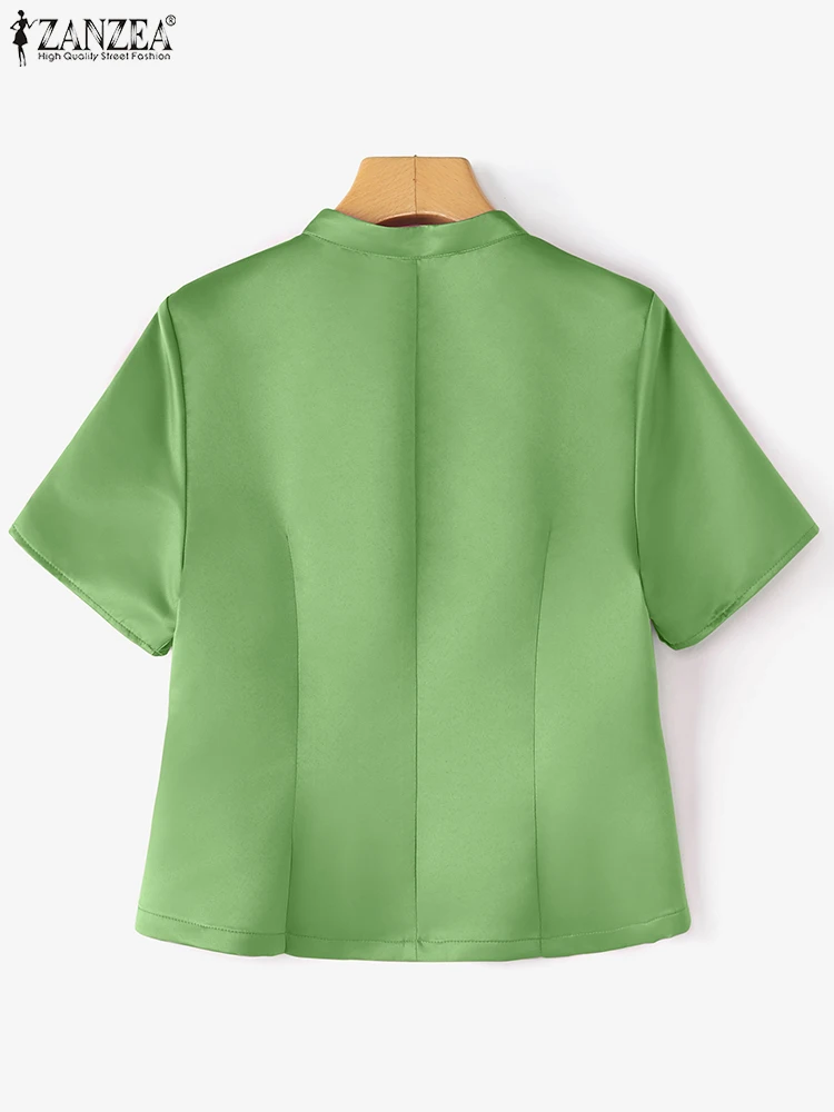 잔제 여성 새틴 실크 탑 신상 중국풍 셔츠 2025 캐주얼 OL 워크 튜닉 단색 패션 반팔 튜닉 오버사이즈