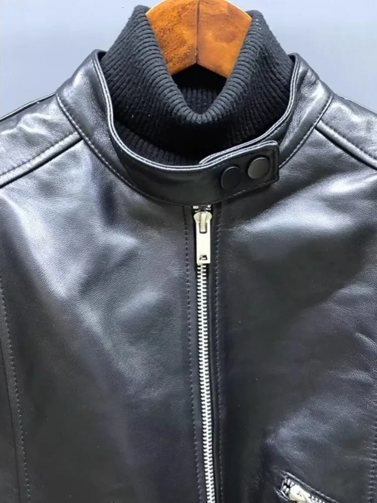 فاسق المرأة دراجة نارية سترة عالية الخصر الوقوف طوق جديد ملابس علوية بأكمام طويلة للربيع سستة الشارع الشهير الإناث جلد طبيعي معطف قصير