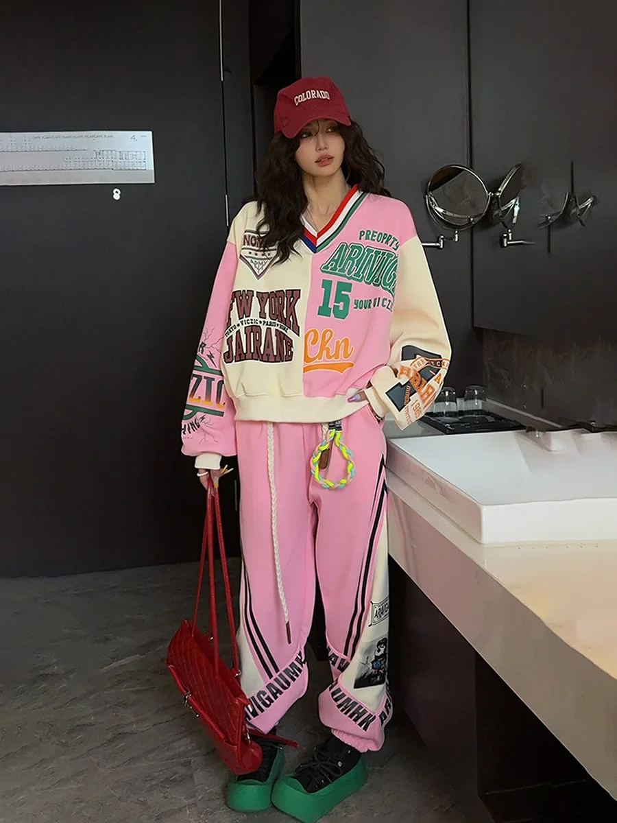 Spring Fashion Sports and Leisure Suit Multi-color Contrasting Splicing Cartoon Printing Sweatpants 2 Piece Sets Womens Outfits