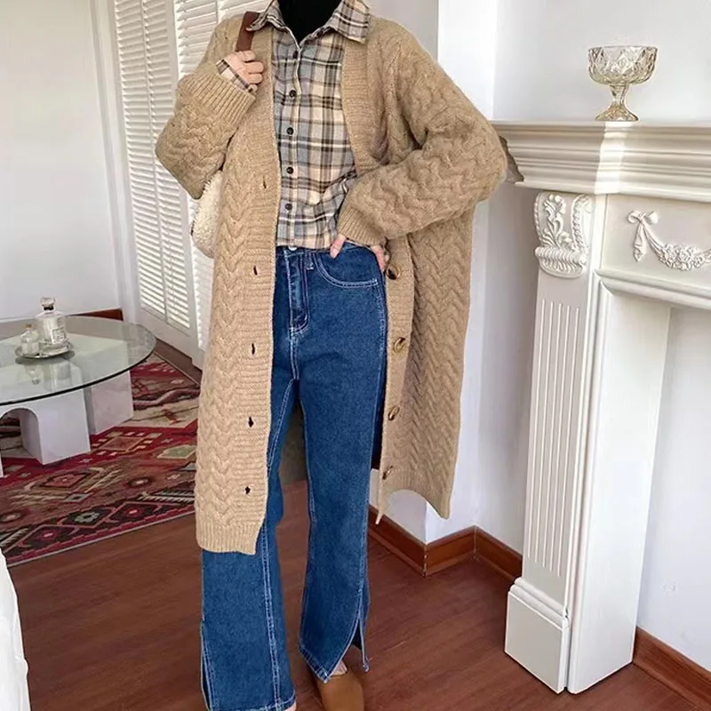 

Черная осенне-зимняя верхняя одежда в стиле ретро, толстый свитер, женская куртка, ленивый свободный вязаный кардиган выше колена средней длины