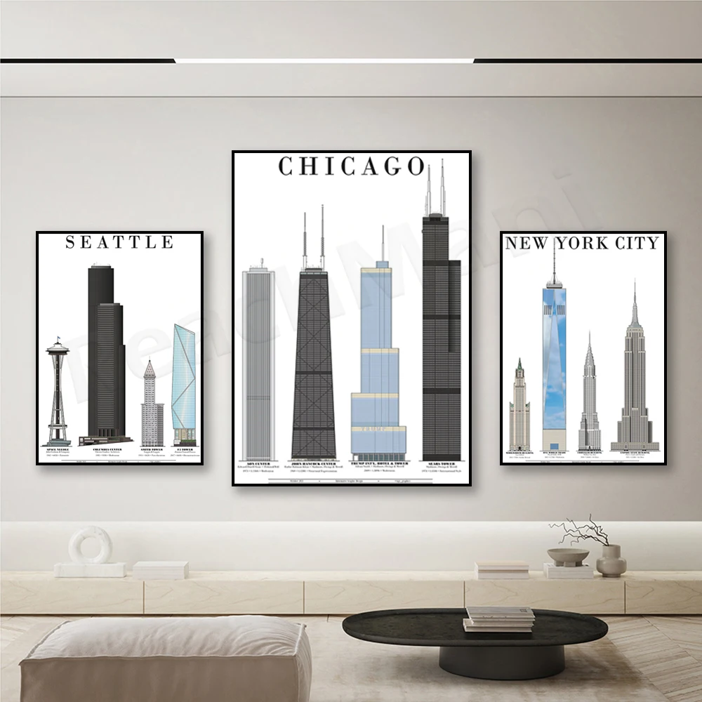 

Seattle, New York, Chicago Architecture Icon Print, Architecture Print Decorative Canvas Print Poster