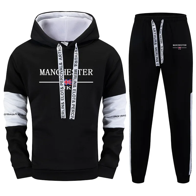 

City Vibes Male Hooded Sweatshirts Sweatpants Black White Mix Color Sportswear Fall Winter Daily Casual Sport Hoodie Tracksuit