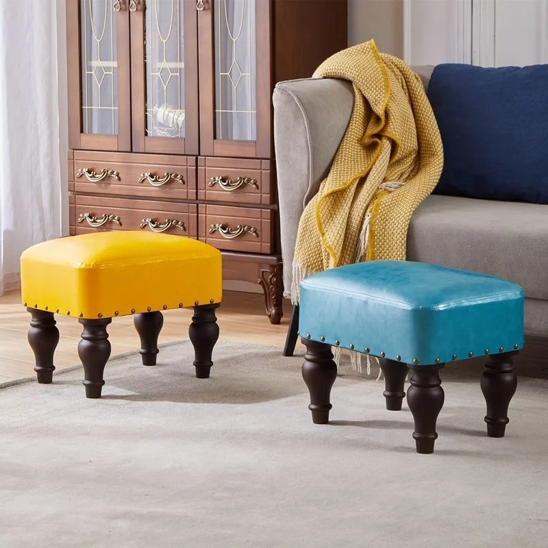 Small Stool Household Bench Low Ottomans Oil Wax Leather Seat Sofa Soft Stool Shoe Change Stools Round Square Stools Furniture