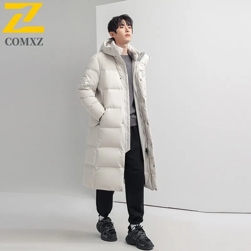 COMXZ Men's Down Jacket 2025 Long Trendy Windproof Casual Skiing Puffer Jacket Street Versatile Solid Color Hooded Winter Jacket
