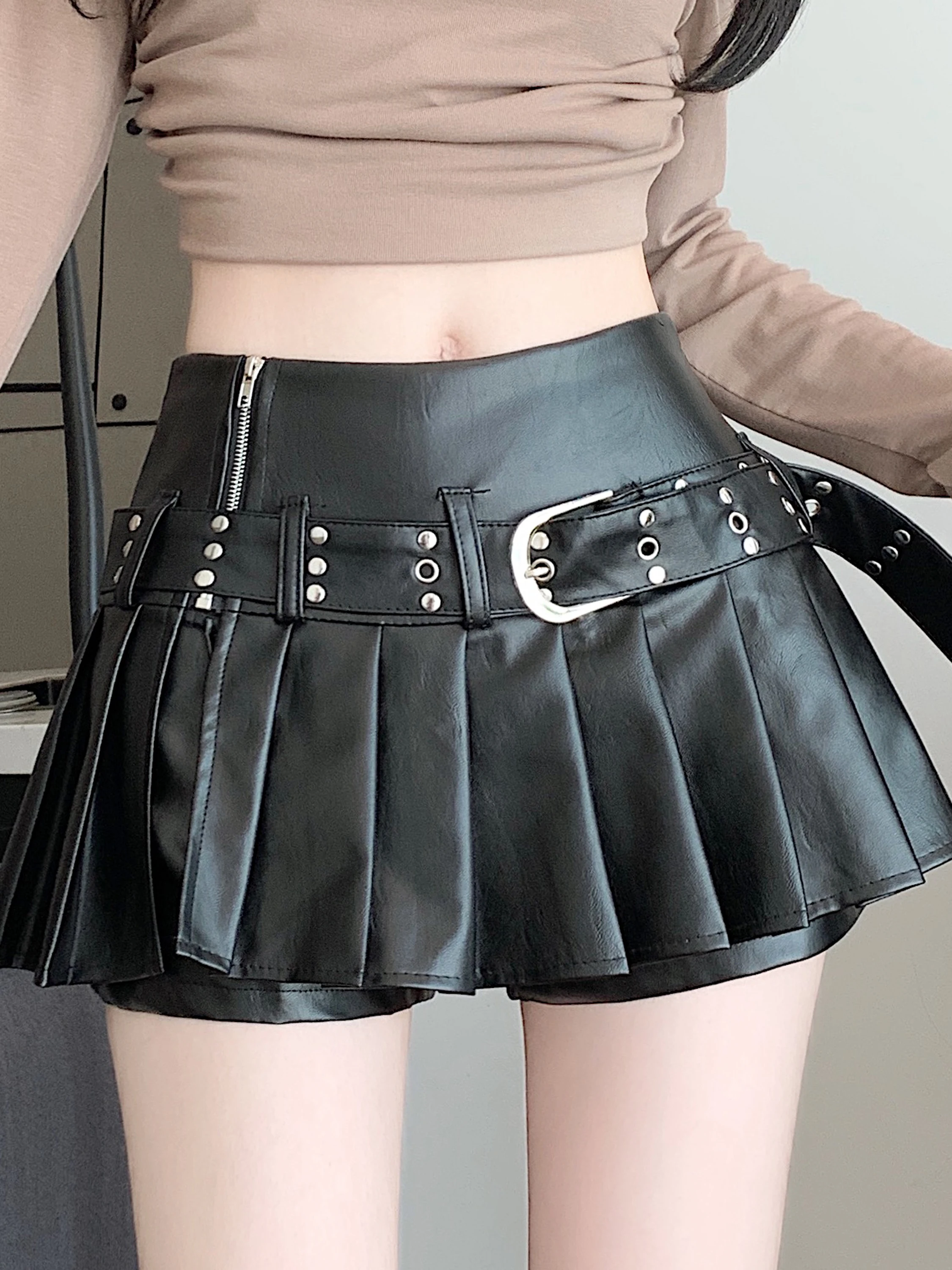 

Черная юбка из искусственной кожи, женская осенне-зимняя тонкая плиссированная антилегкая расклешенная юбка трапециевидной формы с разрезом f-длины для поездок на работу