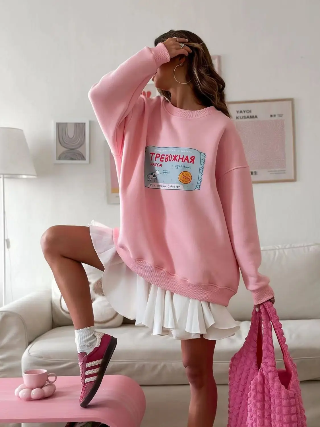 

100% Cotton Russian Women's Autumn And Winter Loose And Plush Thick Round Neck Warm And Fashionable Printed Pullover Sweater