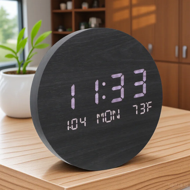 

Wooden Led Clock Multifunctional Mirror Alarm Round Electronic Home Decorative Silent Desktop Timepiece Rechargeable Waterproof