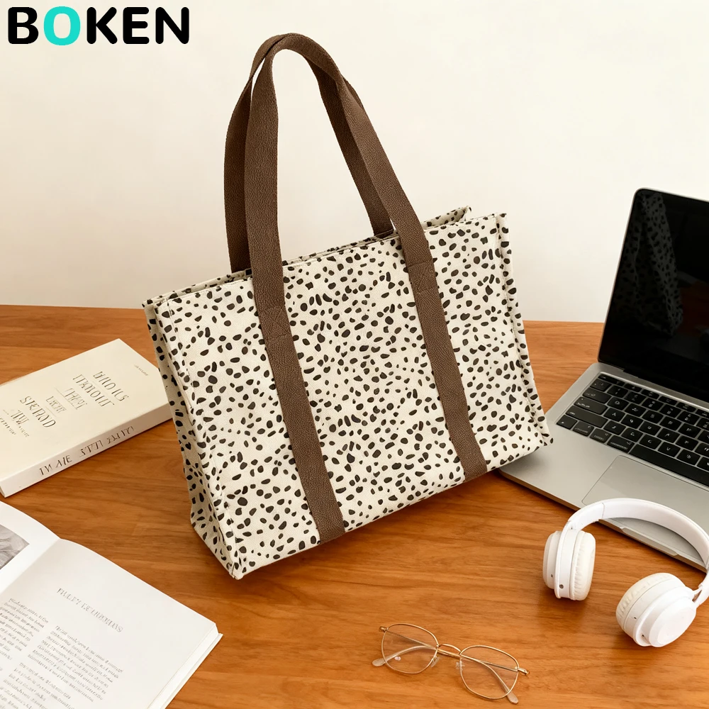 Leopard Print Canvas Tote Bag Large Capacity Shoulder Handbag for 13-14Inch MacBook Dell Laptop Work School Shopping Travel Bag