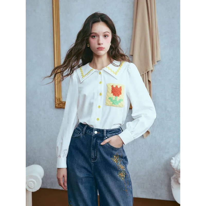 

Pixel Flower Hand-Crocheted Lapel Shirt with Color-Blocked Edge