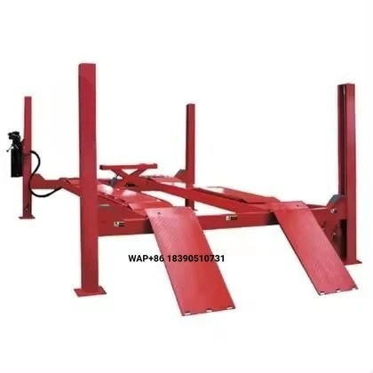 Double width four column hydraulic car lift with four poles, equipped with a driven car jack for parking and car maintenance
