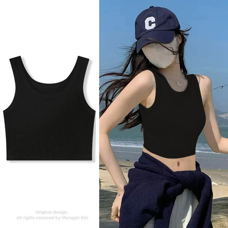 Black Knitted Round Neck Women T-shirt Sexy Sleeveless Camisole Crop Top Woman Tight Stretch Tank Top Ladies Tee Top Streetwear