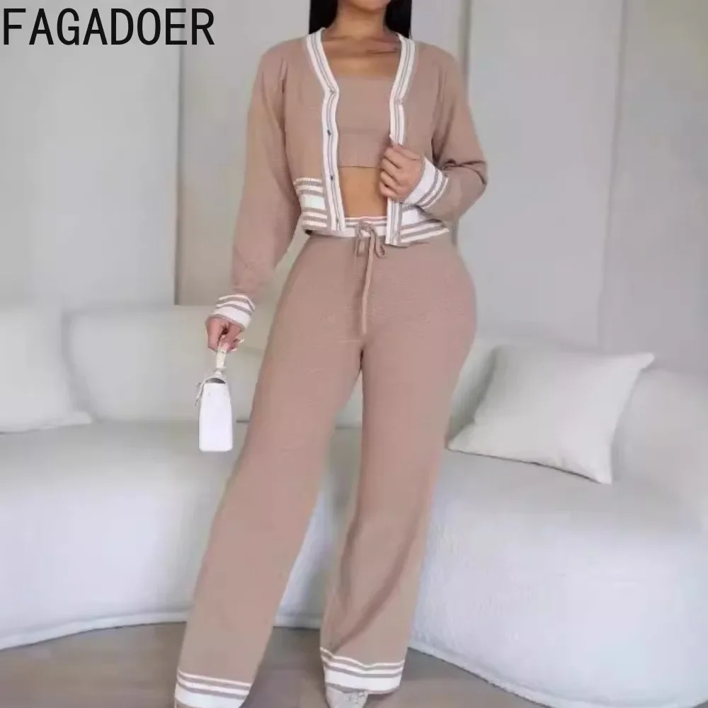 

FAGADOER Elegant Knitt 3 Piece Sets Outfit Women Long Sleeve Stripe Patchwork Sweater Cardigan + Tube Top + Wide Leg Pants Suits