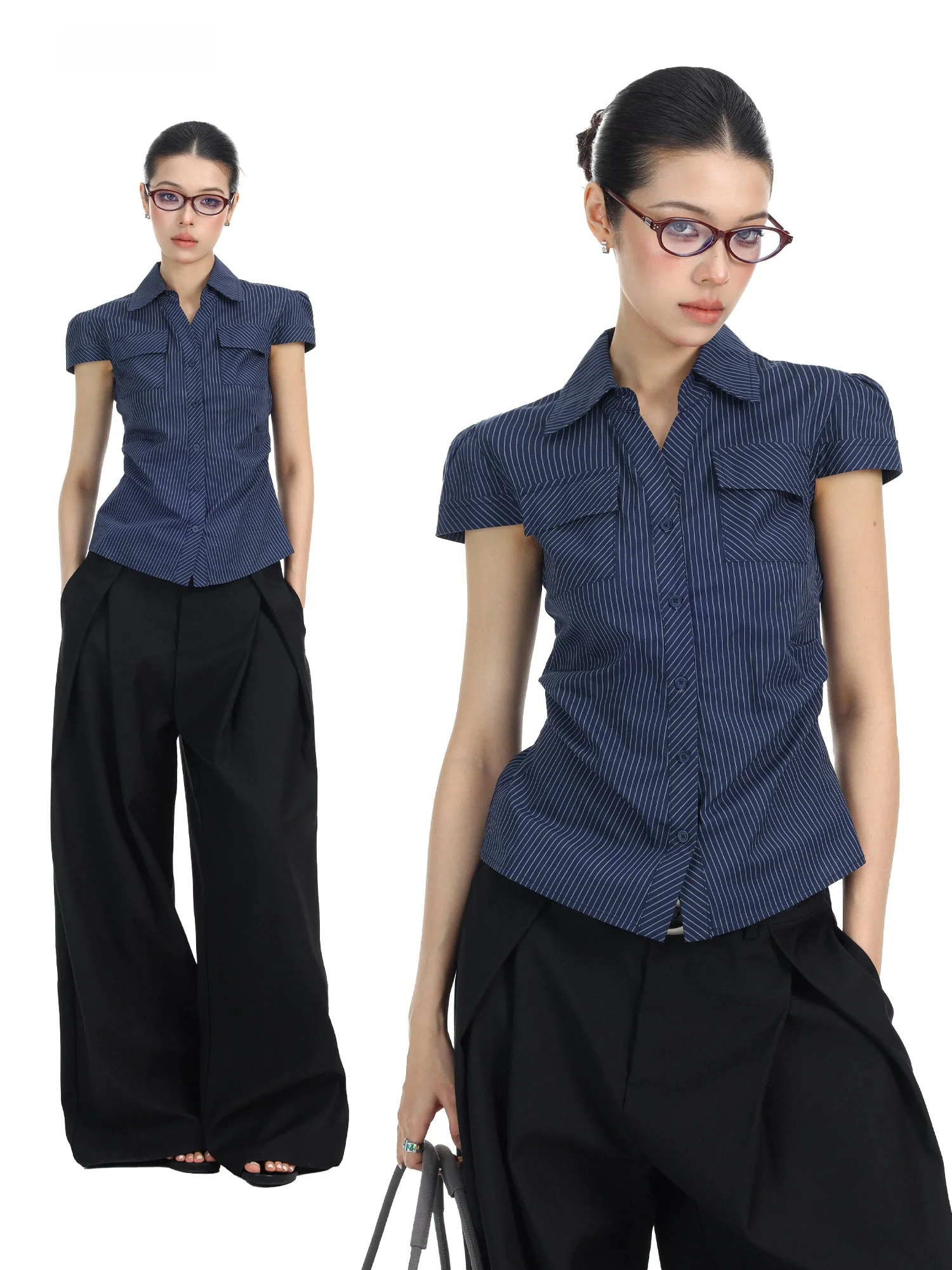 

Slim Fit Women's Plaid Shirt Short Sleeve Collar Korean Style Pleated Waist Cinching Summer Top Casual Striped Blouse