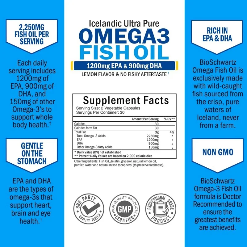 Omega 3 fish oil supplement 1200mg EPA and 900mg DHA fatty acids - supports joint, eye, and skin health with 60 soft capsules